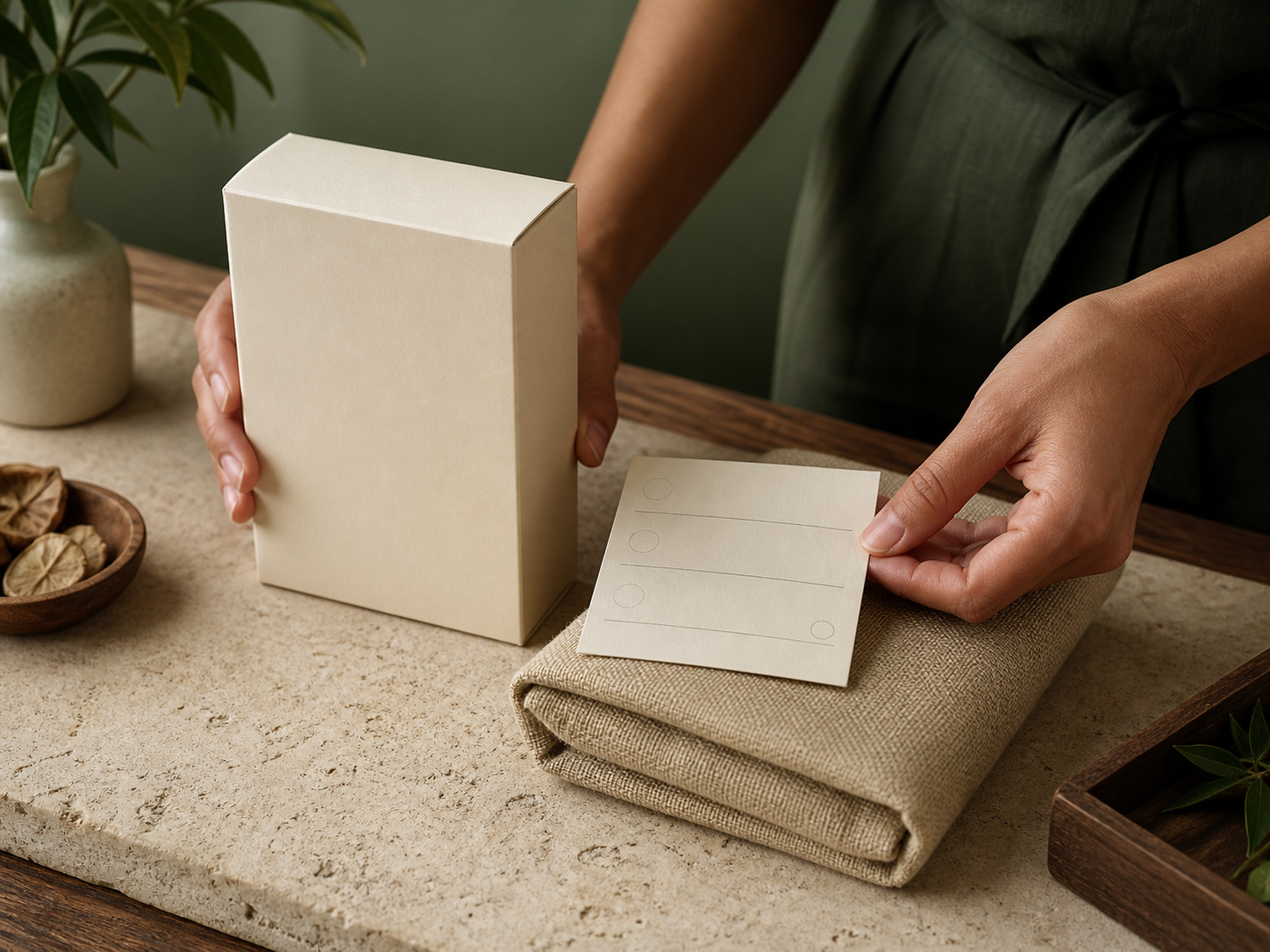 A carefully prepared herbal care order on a refined service counter