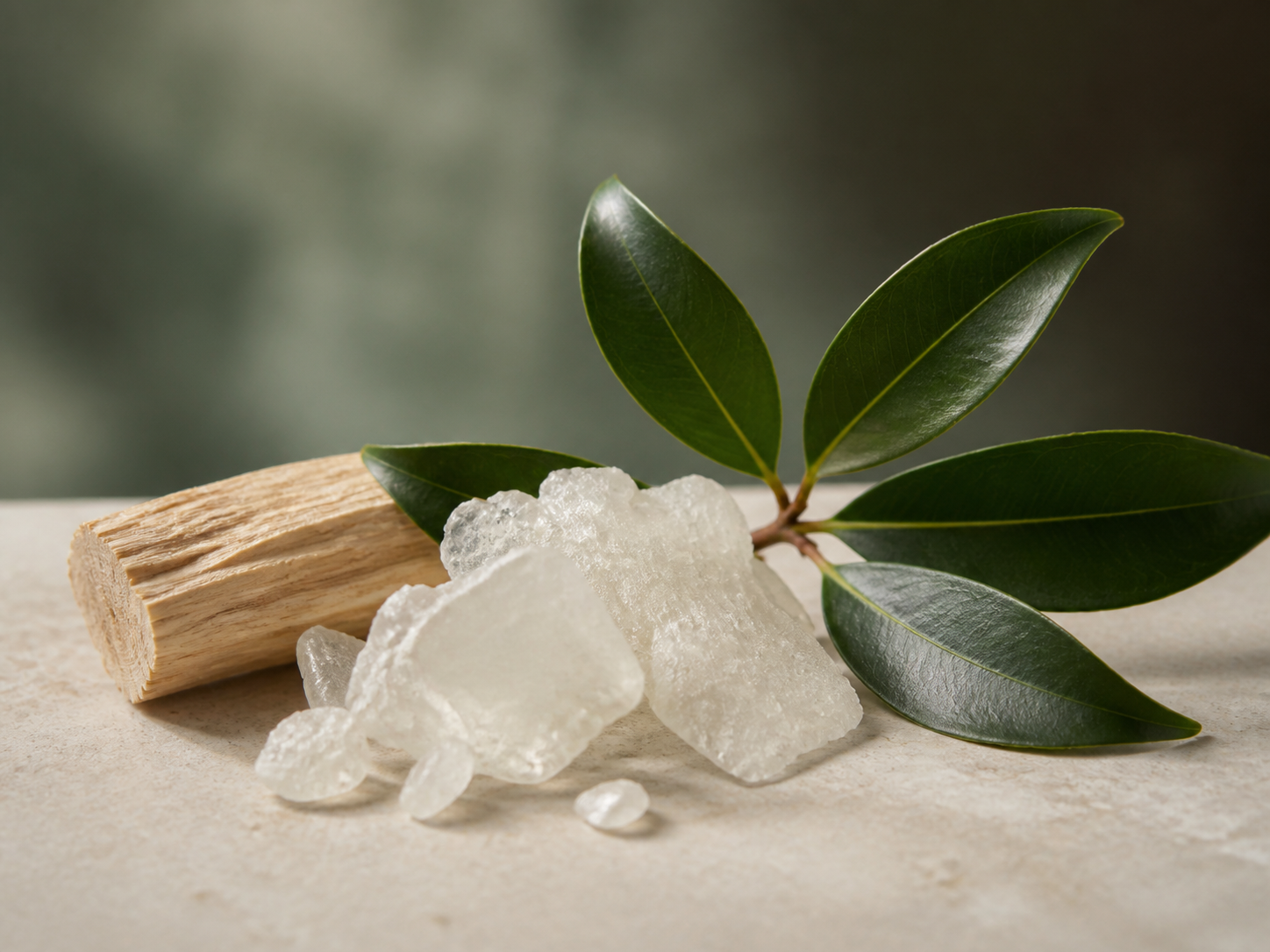 Dryobalanops aromatica leaf sprig with natural aromatic crystals and wood