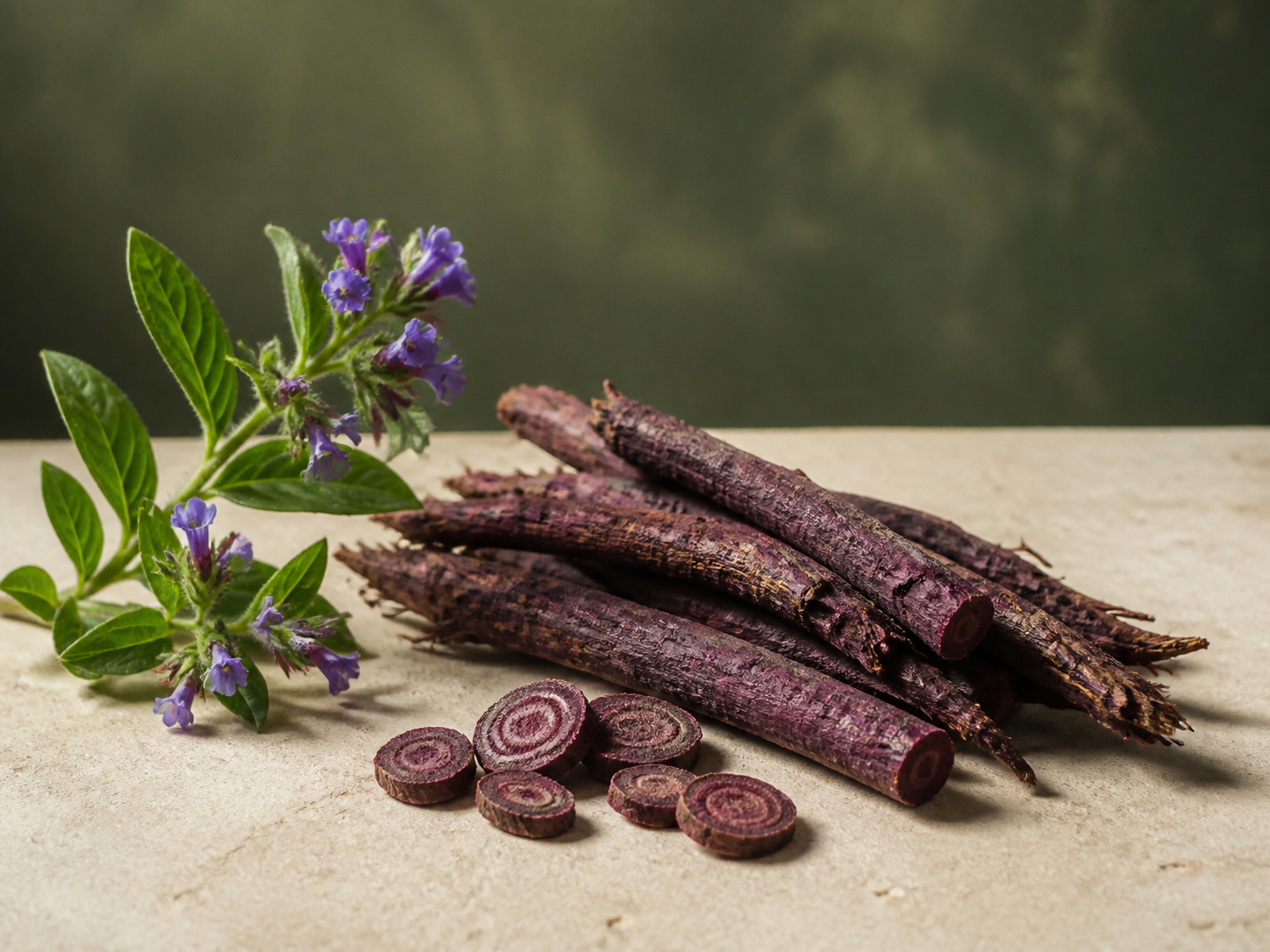 Zicao, Lithospermum erythrorhizon botanical sprig and purple red roots