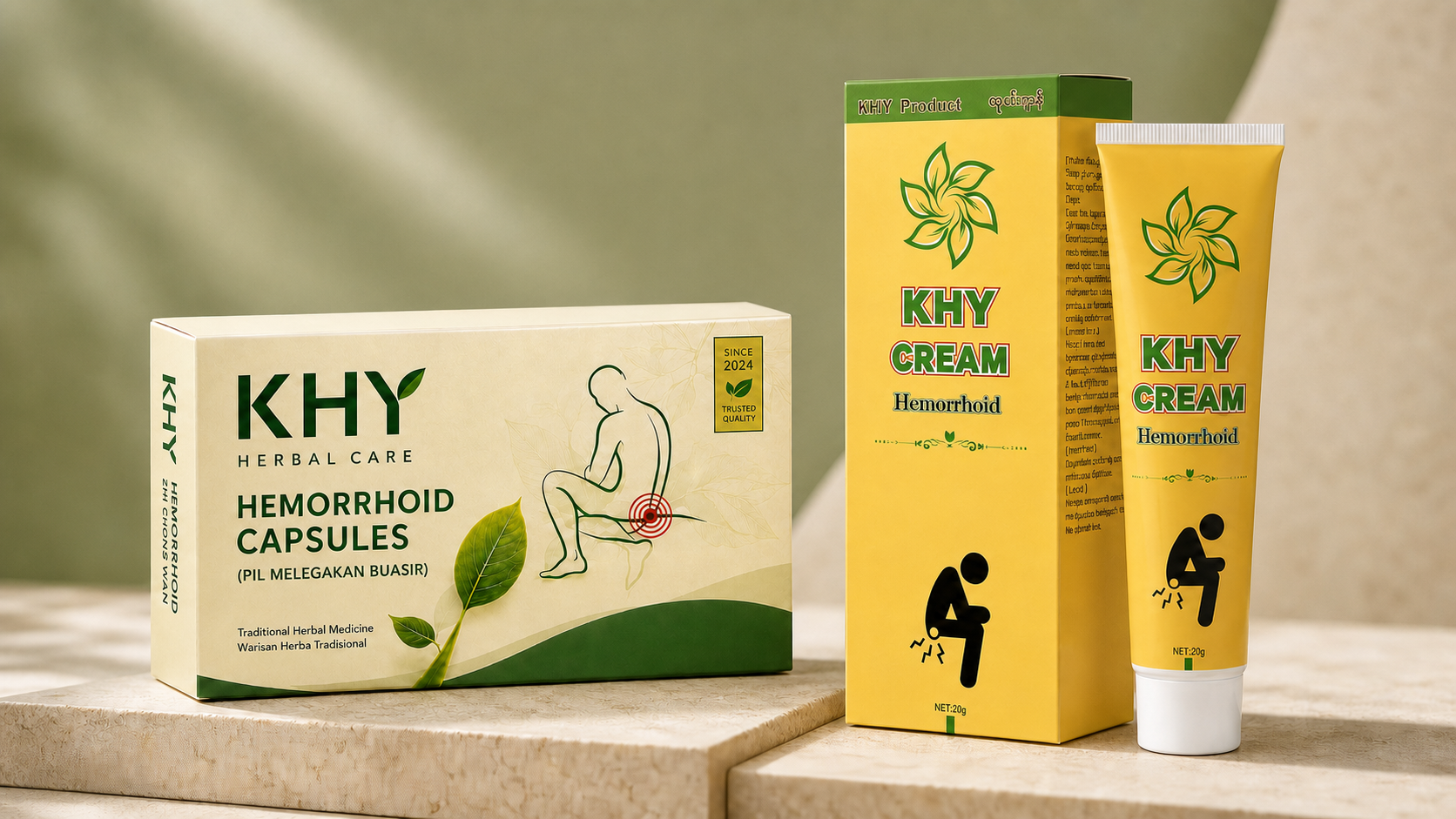 KHY Cream box and tube with KHY Herbal Care Hemorrhoid Capsules